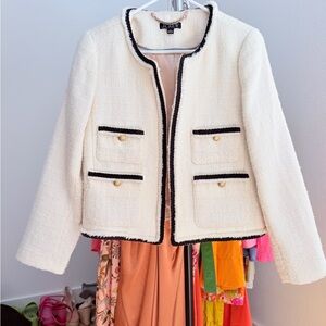 J. Crew Cream Bouclé Jacket with Black Trim and Gold Buttons